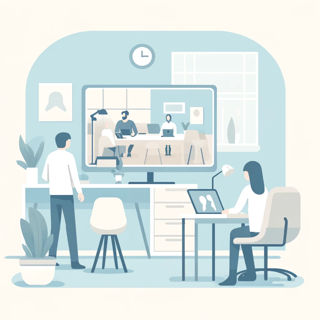 Il·lustració on es veu gent treballant presencialment i a distància