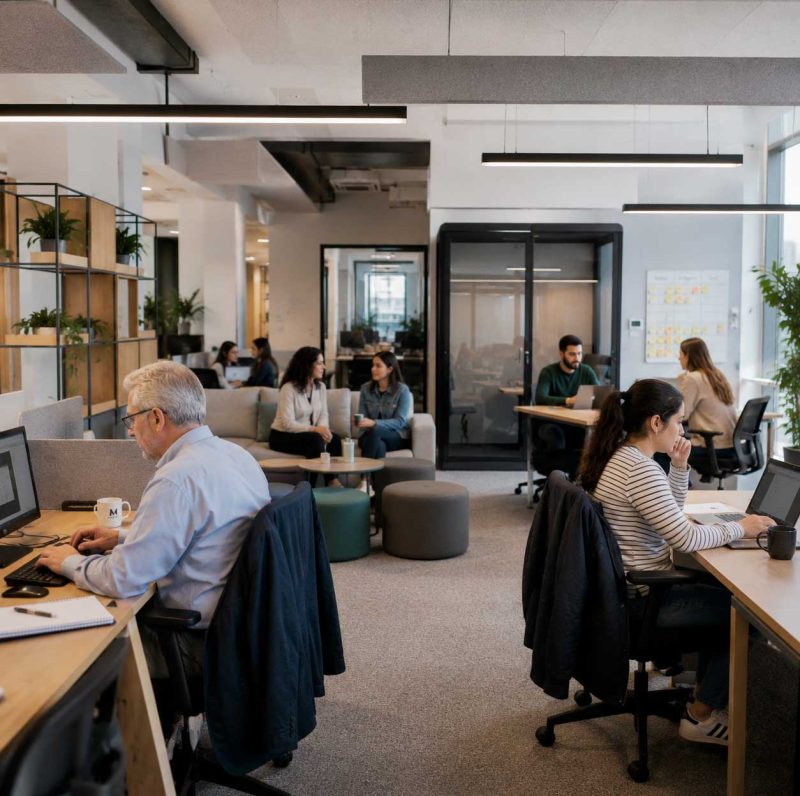 Personas de distintas generaciones trabajando en una oficina moderna con espacios abiertos, zonas de reunión y puestos de trabajo ergonómicos.